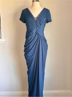 Adrianna Papell Dark Blue Pleat Draped Mesh Evening Gown, Vneck Beading, Sz 8P